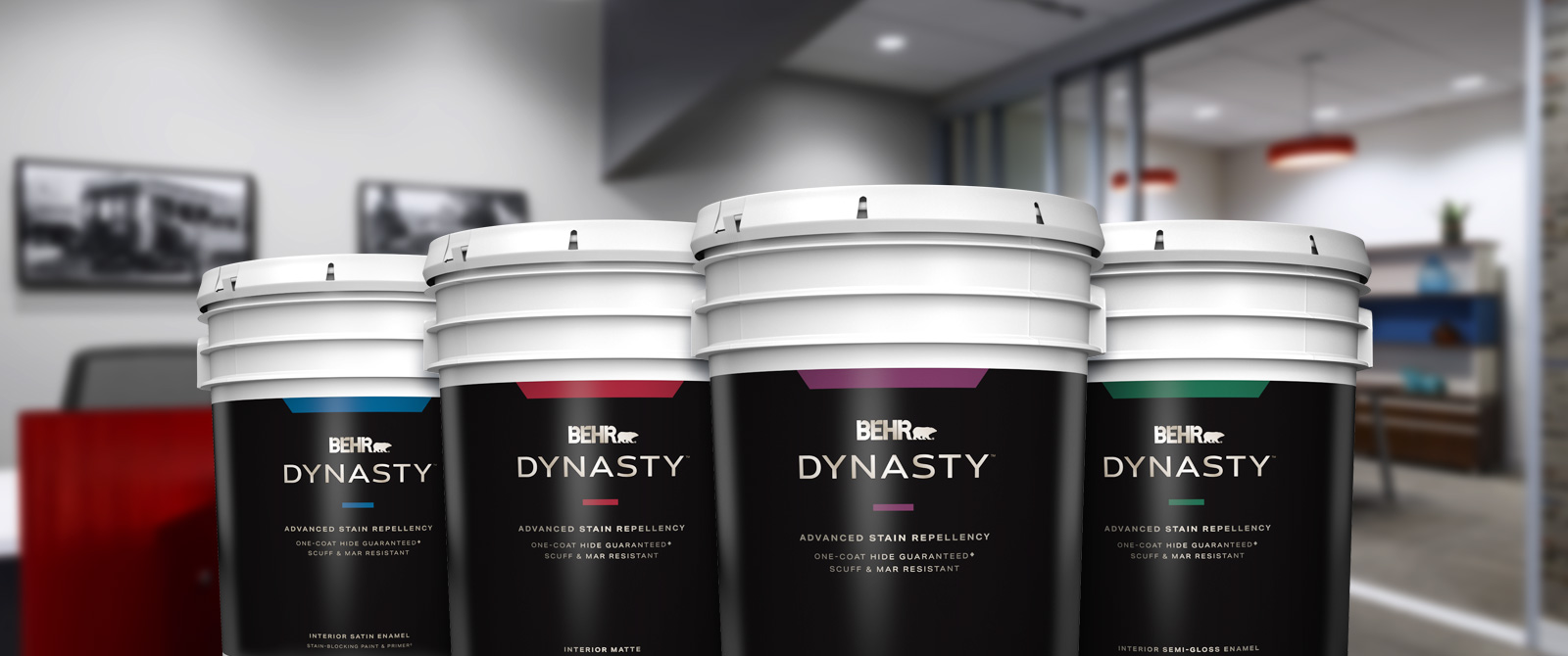 Four 5 gallon cans of BEHR DYNASTY® Interior Paint and Primer.