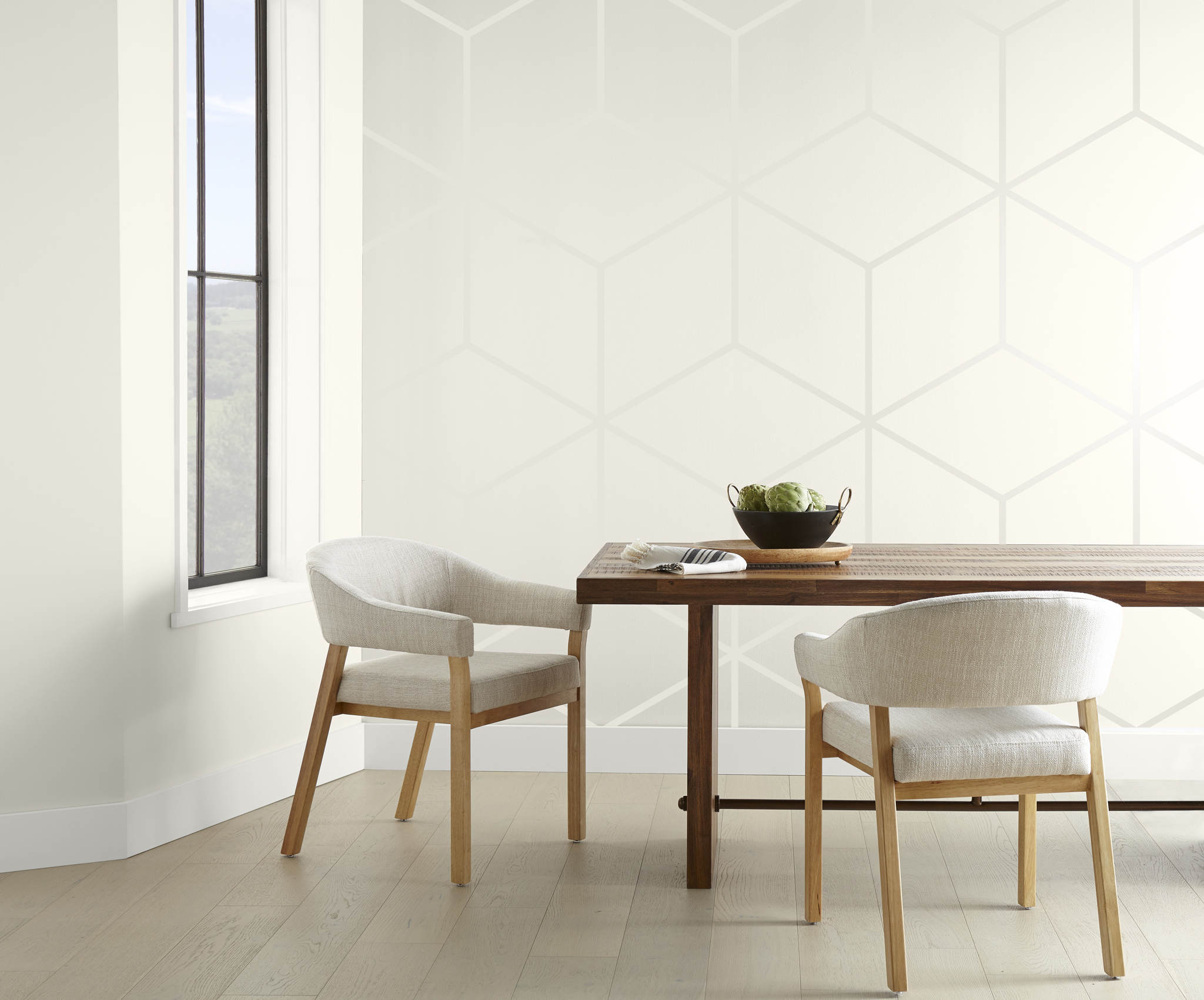 RESIDENTIAL SPACE WITH A MATTE WALL AND A GRAPHIC OVERLAY IN THE SAME COLOR WITH A GLOSSIER SHEEN